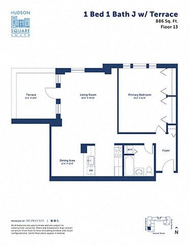Floor plan for 1 bed, 1 bath, 886 sqft