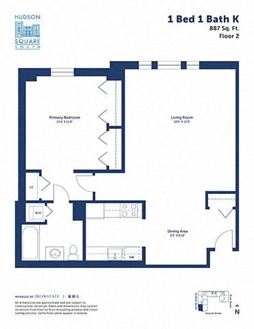 Floor plan for 1 bed, 1 bath, 887 sqft