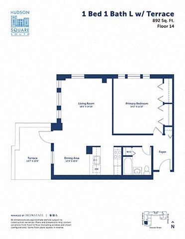 Floor plan for 1 bed, 1 bath, 892 sqft