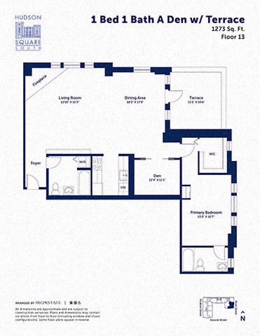 Floor plan for 1 bed, 2 baths, 1273 sqft