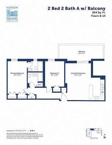 Floor plan for 2 beds, 2 baths, 964 sqft