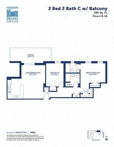 Floor plan for 2 beds, 2 baths, 986 sqft