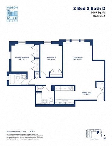 Floor plan for 2 beds, 2 baths, 1067 sqft