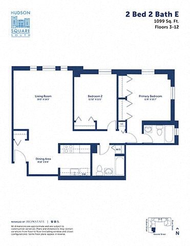 Floor plan for 2 beds, 2 baths, 1099 sqft