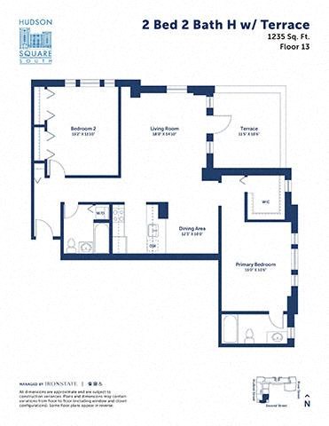 Floor plan for 2 beds, 2 baths, 1235 sqft