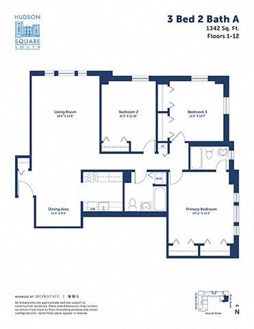 Floor plan for 3 beds, 2 baths, 1342 sqft