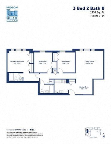 Floor plan for 3 beds, 2 baths, 1354 sqft