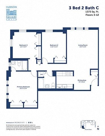 Floor plan for 3 beds, 2 baths, 1373 sqft