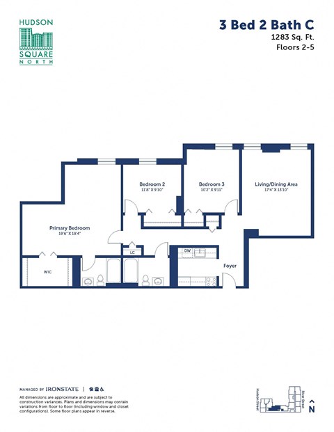 Floor plan for 3 beds, 2 baths, 1283 sqft