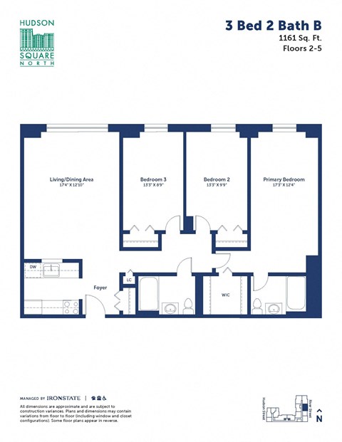 Floor plan for 3 beds, 2 baths, 1161 sqft