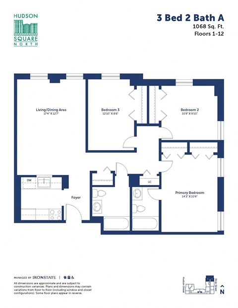Floor plan for 3 beds, 2 baths, 1068 sqft