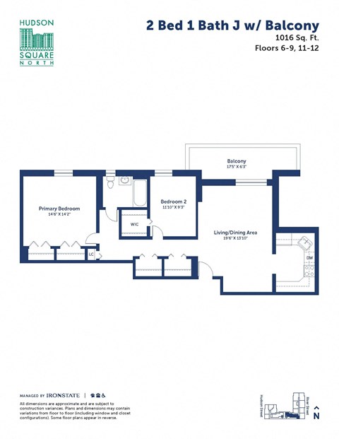 Floor plan for 2 beds, 1 bath, 1016 sqft