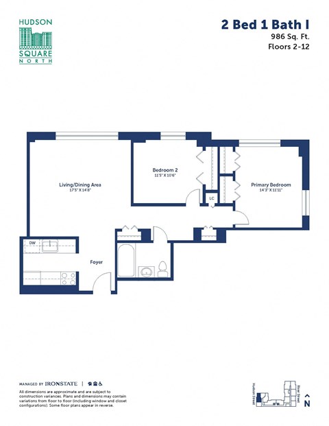 Floor plan for 2 beds, 1 bath, 986 sqft