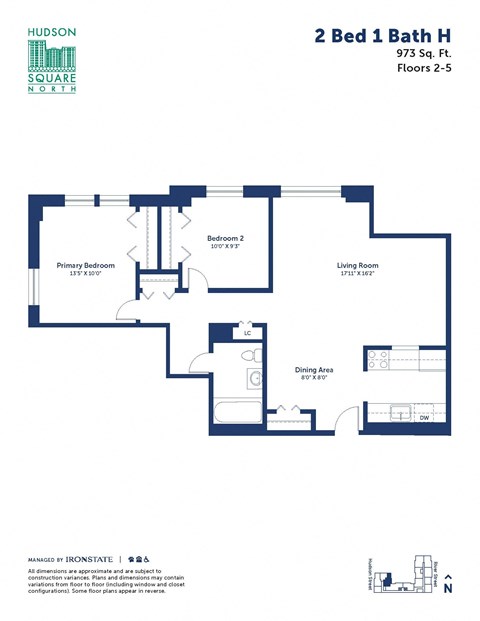 Floor plan for 2 beds, 1 bath, 973 sqft