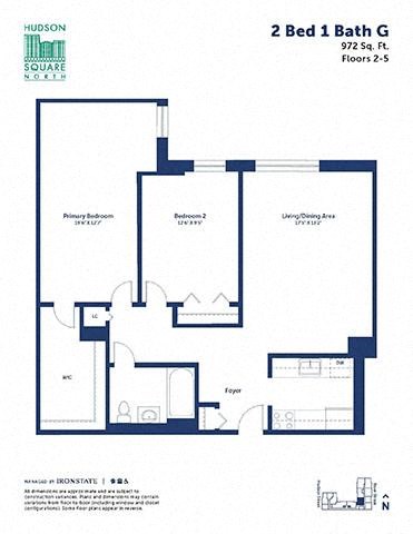 Floor plan for 2 beds, 1 bath, 972 sqft