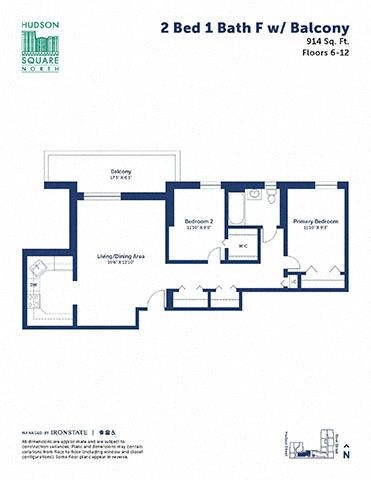 Floor plan for 2 beds, 1 bath, 914 sqft