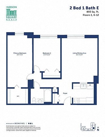 Floor plan for 2 beds, 1 bath, 893 sqft