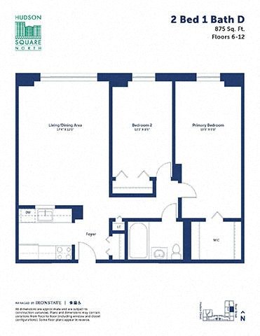 Floor plan for 2 beds, 1 bath, 875 sqft