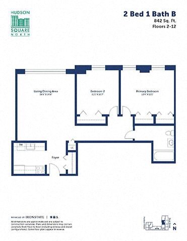 Floor plan for 2 beds, 1 bath, 842 sqft