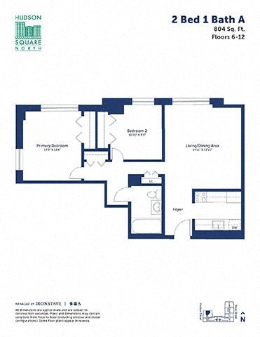 Floor plan for 2 beds, 1 bath, 804 sqft