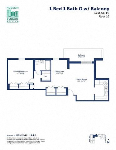 Floor plan for 1 bed, 1 bath, 1016 sqft