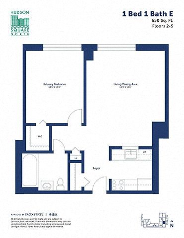 Floor plan for 1 bed, 1 bath, 650 sqft