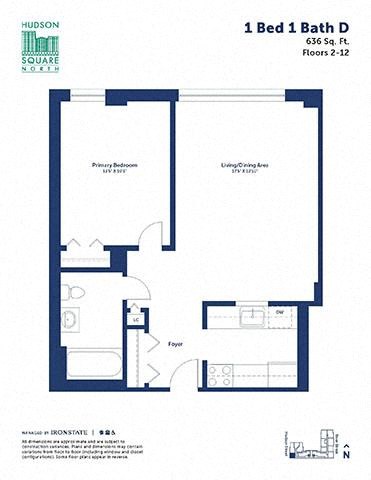 Floor plan for 1 bed, 1 bath, 636 sqft