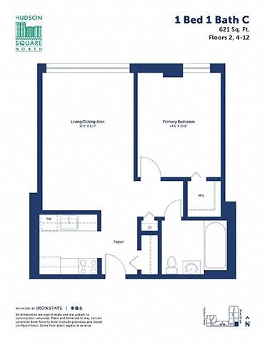 Floor plan for 1 bed, 1 bath, 621 sqft