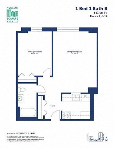 Floor plan for 1 bed, 1 bath, 583 sqft