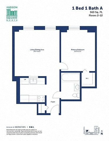 Floor plan for 1 bed, 1 bath, 563 sqft