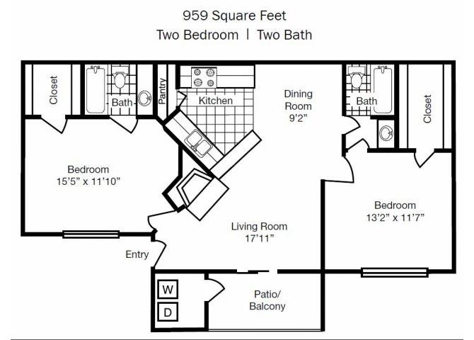 Floor plan for 2 beds, 2 baths, 959 sqft