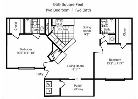 Floor plan for 2 beds, 2 baths, 959 sqft