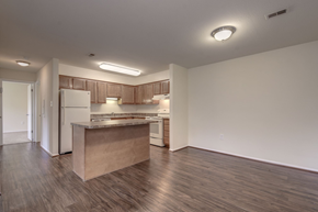 Waldorf apartment for rent - an empty living room with a kitchen in the background