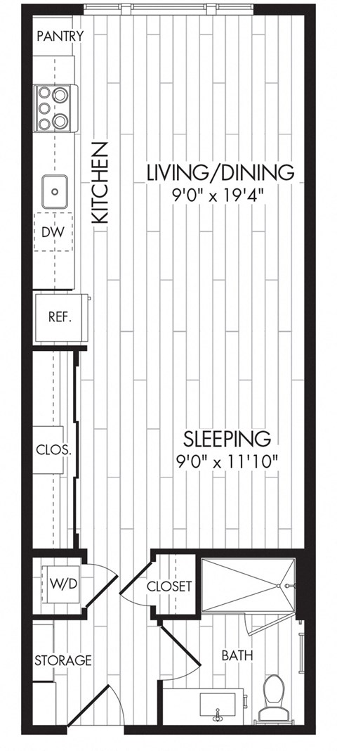 Floor plan for studio, 1 bath, 578 sqft