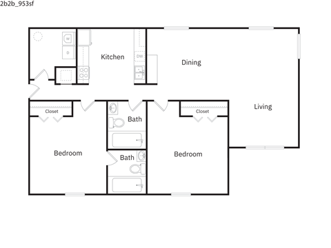 Floor plan for 2 beds, 2 baths, 953 sqft