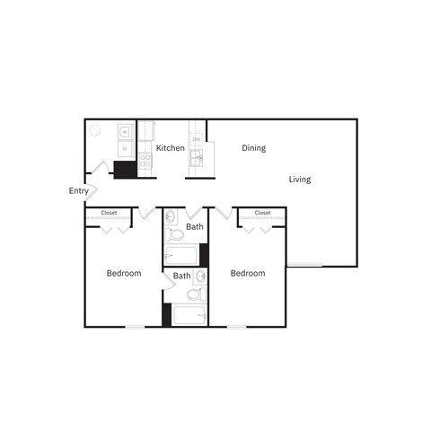 Floor plan for 2 beds, 2 baths, 953 sqft