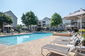 Warner Robins apartment for rent - A swimming pool surrounded by sun loungers and umbrellas.