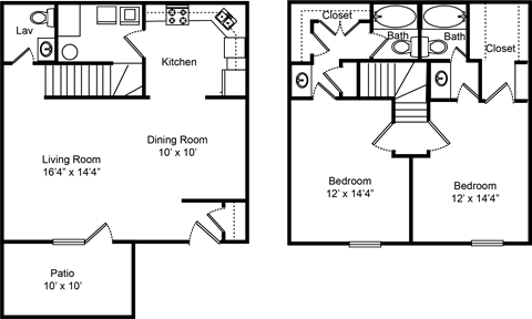 Floor plan for 2 beds, 2.5 baths, 1280 sqft