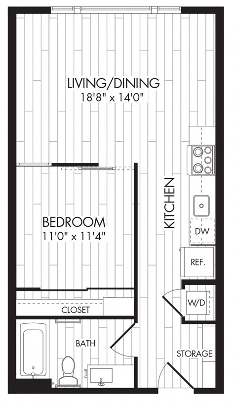 Floor plan for 1 bed, 1 bath, 575 sqft