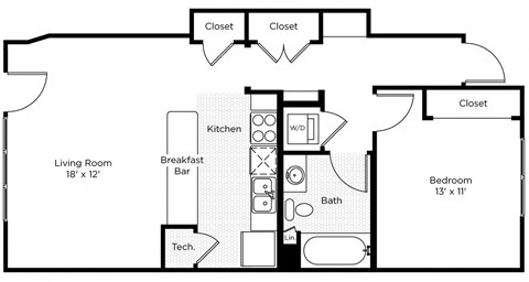 Floor plan for 1 bed, 1 bath, 739 sqft