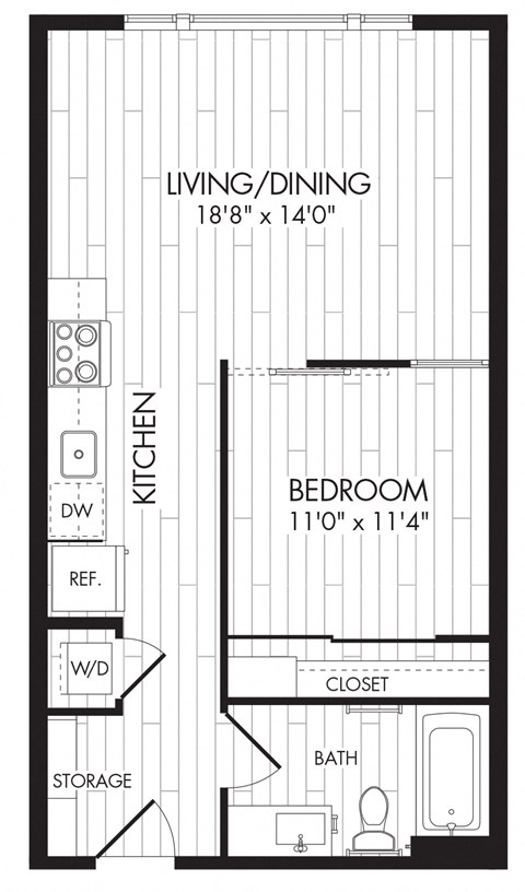 Floor plan for 1 bed, 1 bath, 575 sqft