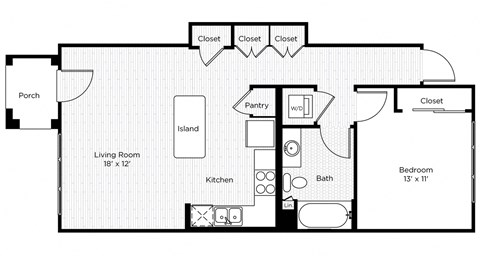 Floor plan for 1 bed, 1 bath, 718 sqft