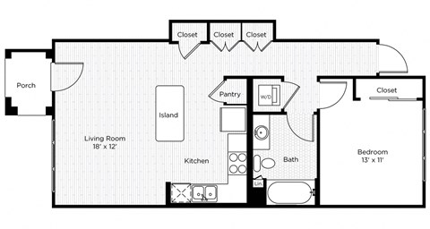 Floor plan for 1 bed, 1 bath, 718 sqft