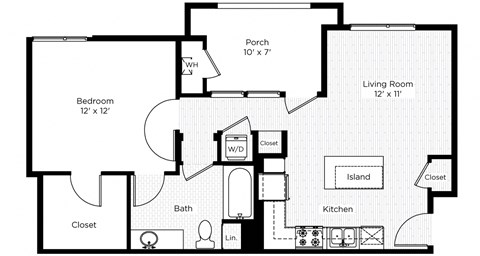 Floor plan for 1 bed, 1 bath, 641 sqft