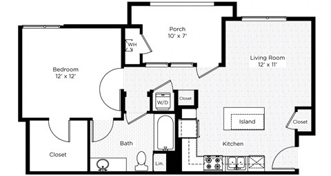 Floor plan for 1 bed, 1 bath, 645 sqft