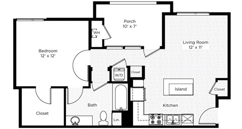 Floor plan for 1 bed, 1 bath, 645 sqft