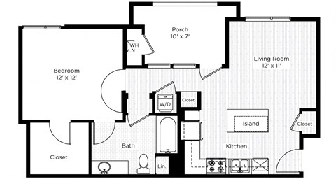 Floor plan for 1 bed, 1 bath, 647 sqft