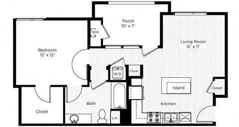 Floor plan for 1 bed, 1 bath, 647 sqft