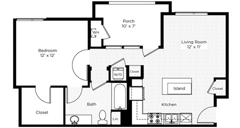 Floor plan for 1 bed, 1 bath, 652 sqft
