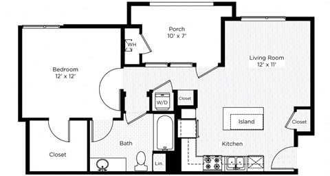 Floor plan for 1 bed, 1 bath, 658 sqft